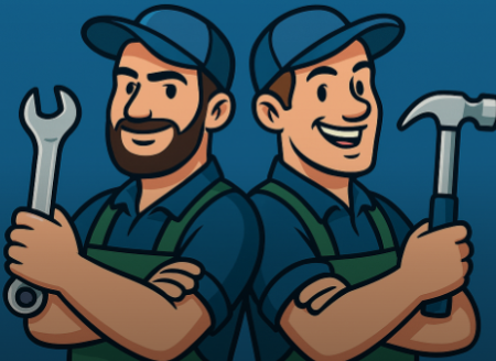 Cartoon-Illustration von zwei Hausmeistern in Arbeitskleidung, die Rücken an Rücken stehen und Werkzeuge halten, mit Spreebuam Hausmeisterservice Logo im Hintergrund in blauen und grünen Farben.
