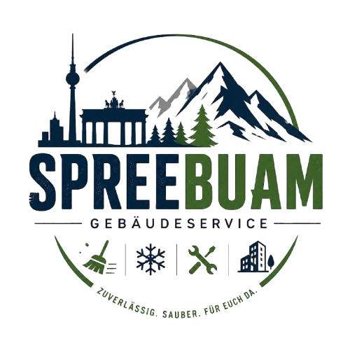 Logo von SPREEBAUM Gebäudeservice mit Berliner Skyline, Bergen, Bäumen und Symbolen für Reinigung, Winterdienst, Reparatur und Gebäudepflege.