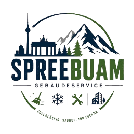 Logo von SPREEBAUM Gebäudeservice mit Berliner Skyline, Bergen, Bäumen und Symbolen für Reinigung, Winterdienst, Reparatur und Gebäudepflege.